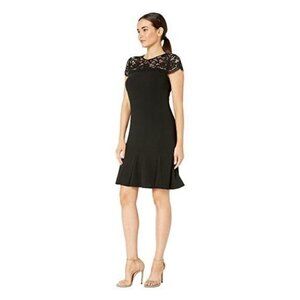 NEW Lauren Ralph Lauren Cally Lace Black Cap Sleeve Ruffle Trim Dress Size 0